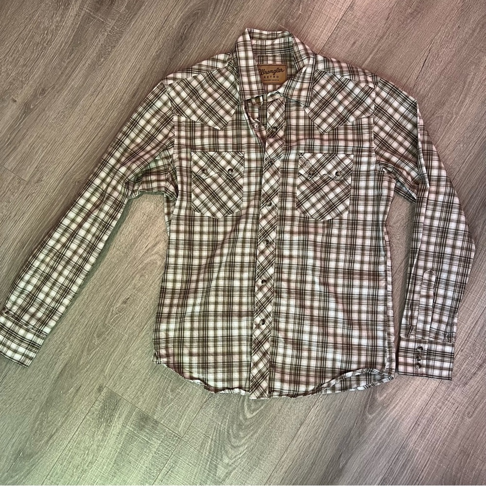 Wrangler Retro Brown Plaid Pearl Snap Casual Button Down Shirt—Medium